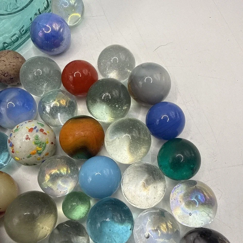 Lot Of Unique Vintage Marbles In Blue Mason Jar Some Glow- See Pics